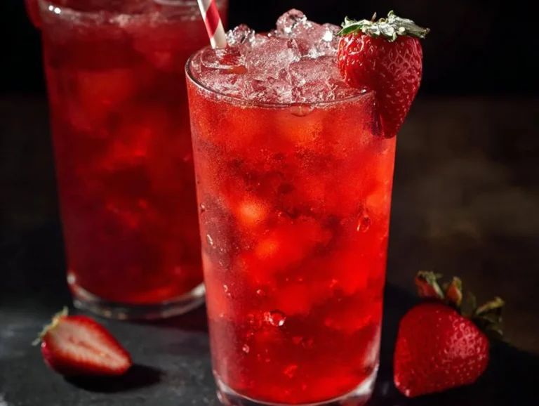 Refreshing glass of vanilla strawberry iced tea with fresh berries and ice cubes