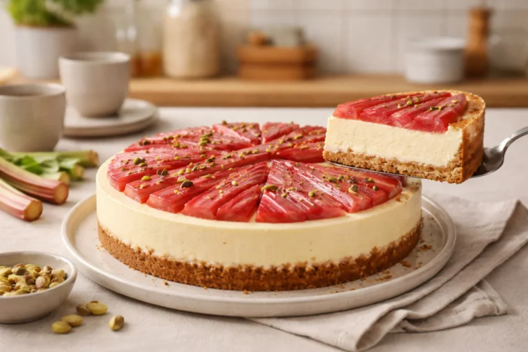 Delicious rhubarb cheesecake topped with a creamy filling and a graham cracker crust.