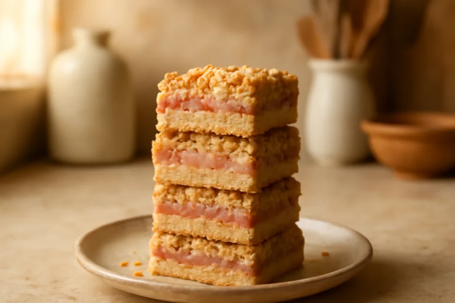 Delicious rhubarb cream cheese bars with a buttery oats crust and creamy filling