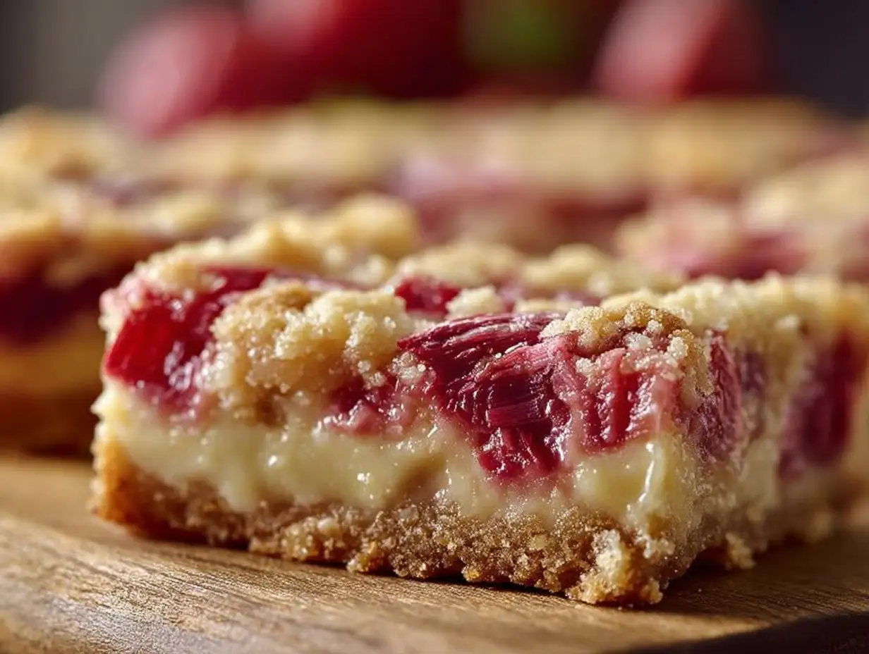 Delicious homemade rhubarb custard bars fresh out of the oven