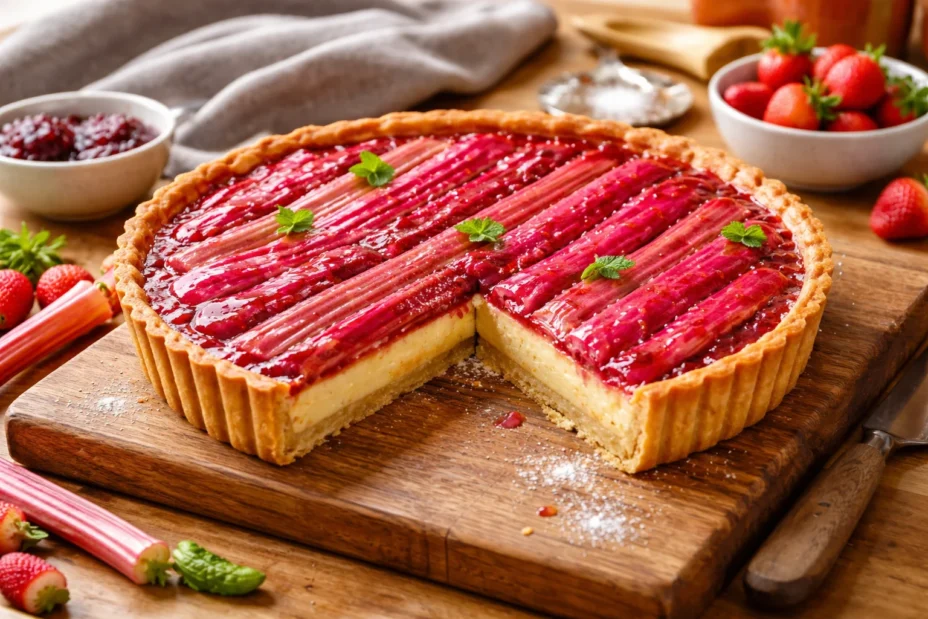 Delicious rhubarb custard tart with a crispy crust and creamy filling.