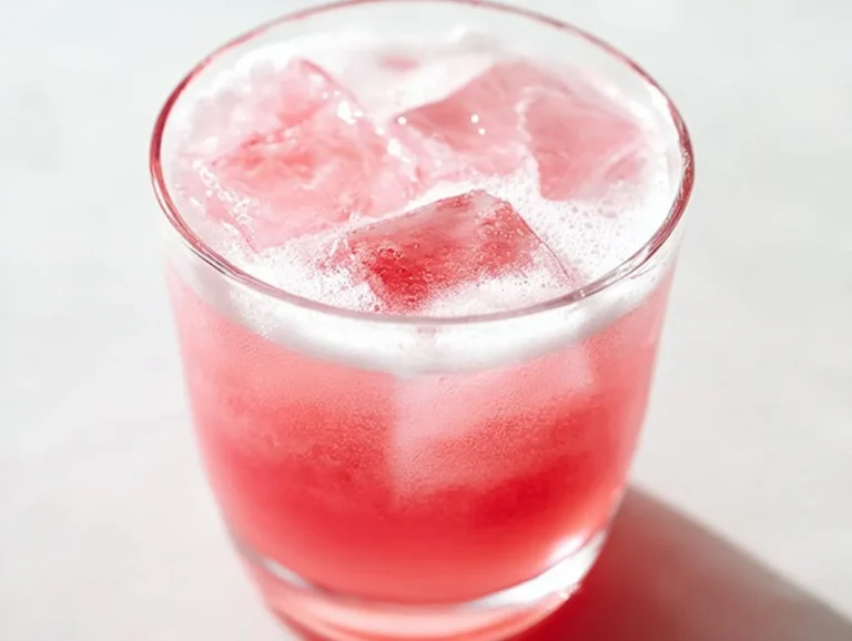 A refreshing glass of homemade rhubarb soda with ice and fresh rhubarb stalks.