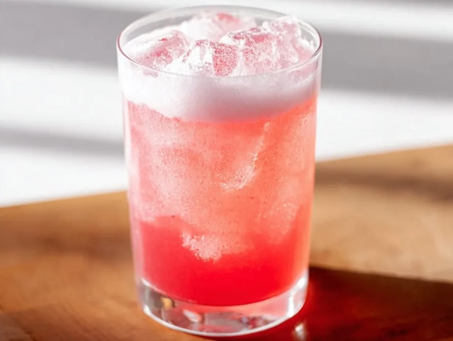 A refreshing glass of homemade rhubarb soda with ice and fresh rhubarb stalks.
