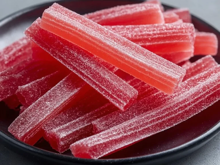 A vibrant bowl of homemade rhubarb sour belts ready to enjoy.