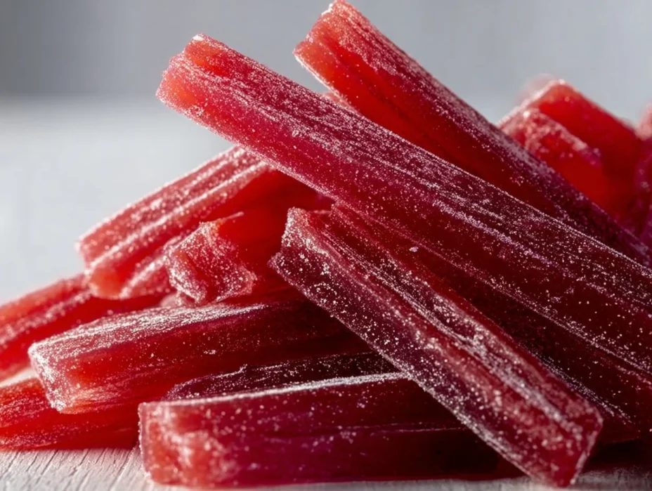 A vibrant bowl of homemade rhubarb sour belts ready to enjoy.