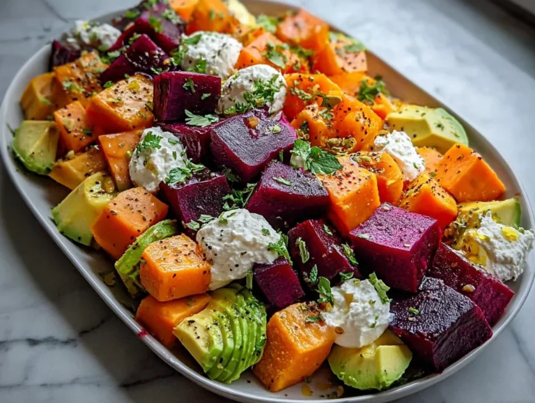 Roasted Beet, Sweet Potato & Avocado Salad garnished with greens