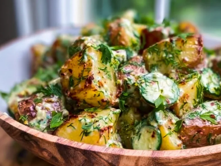 A bowl of herbed roasted potato salad garnished with herbs and spices.