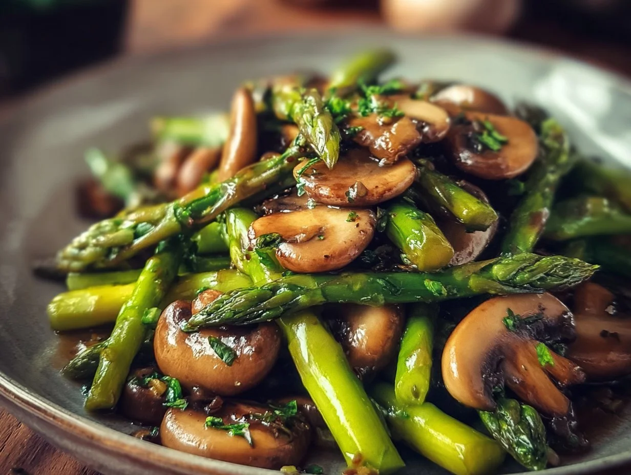 Sautéed asparagus with mushrooms and garlic on a plate