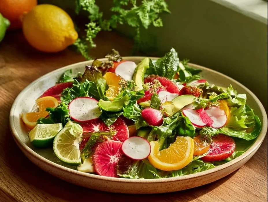 Colorful spring salad with strawberries and greens