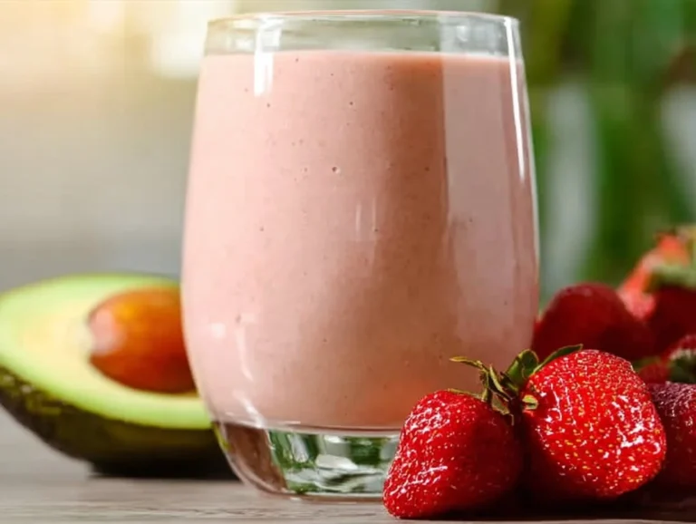 Strawberry avocado smoothie garnished with fresh strawberries in a glass.