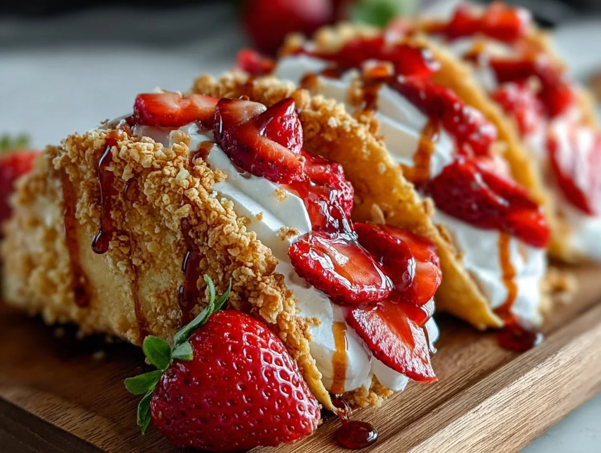 Strawberry Crunch Cheesecake Tacos topped with strawberry and crumb mixture