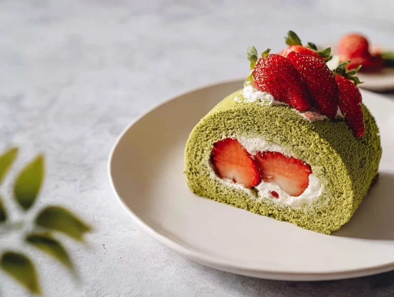 Delicious Strawberry Matcha Roll Cake topped with fresh strawberries and matcha powder.