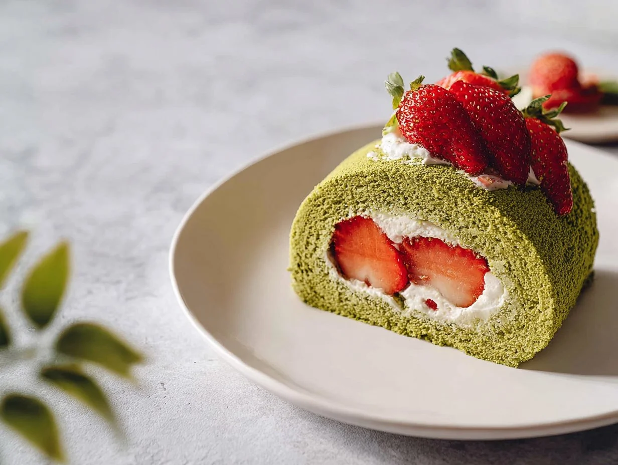 Delicious Strawberry Matcha Roll Cake topped with fresh strawberries and matcha powder.