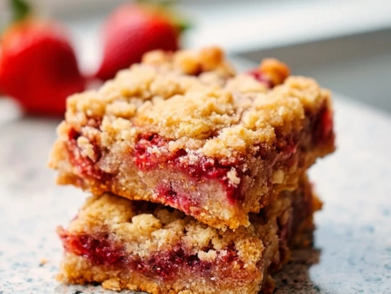 Delicious strawberry oatmeal crumble bars topped with a sweet oat crumble