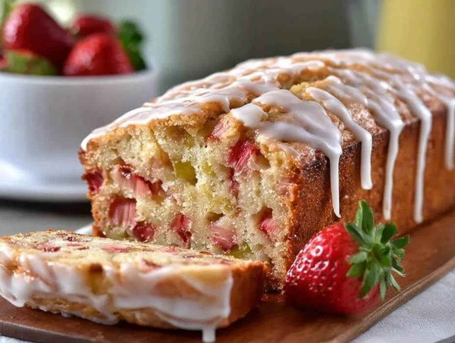 Delicious Strawberry Rhubarb Bread slice on a plate