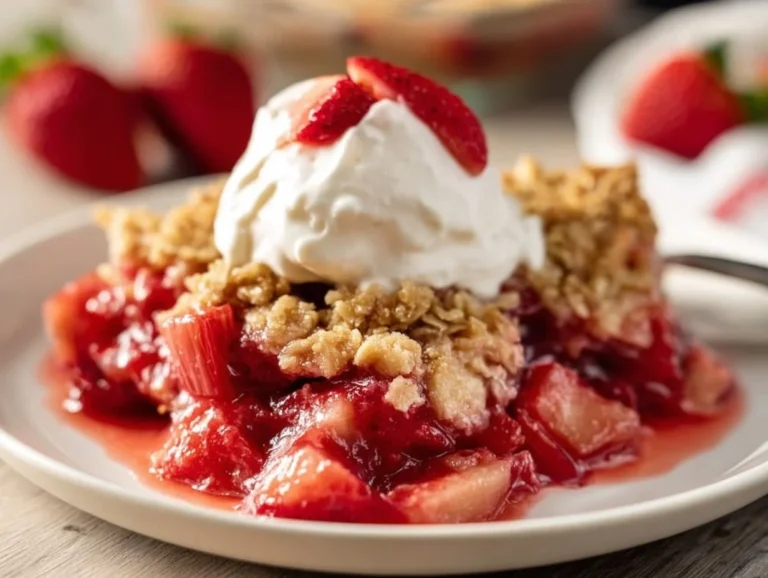Delicious strawberry rhubarb crisp dessert topped with oats and cinnamon