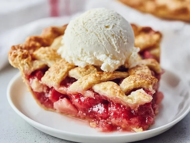 Homemade strawberry rhubarb pie sliced and displayed on a plate