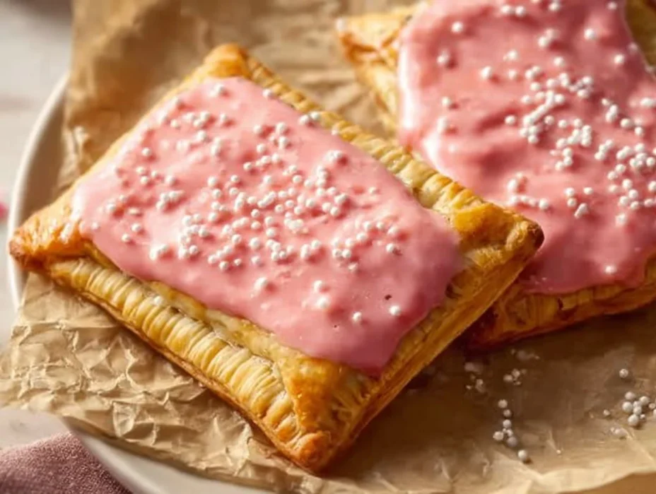 Freshly baked Strawberry Rhubarb Pop Tarts on a rustic table
