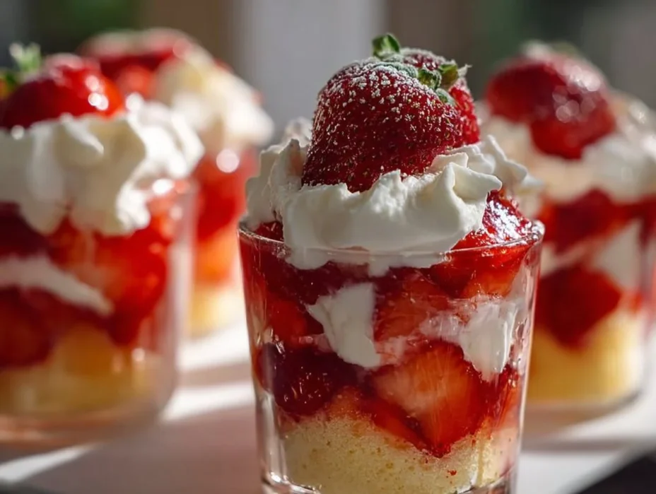 Delicious strawberry shortcake cups topped with fresh strawberries and whipped cream.