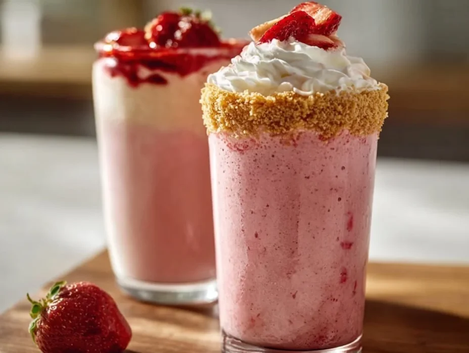 Strawberry Shortcake Protein Smoothie in a glass with fresh strawberries