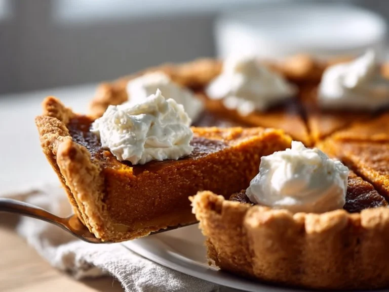 Homemade sweet potato pie garnished with whipped cream and spices