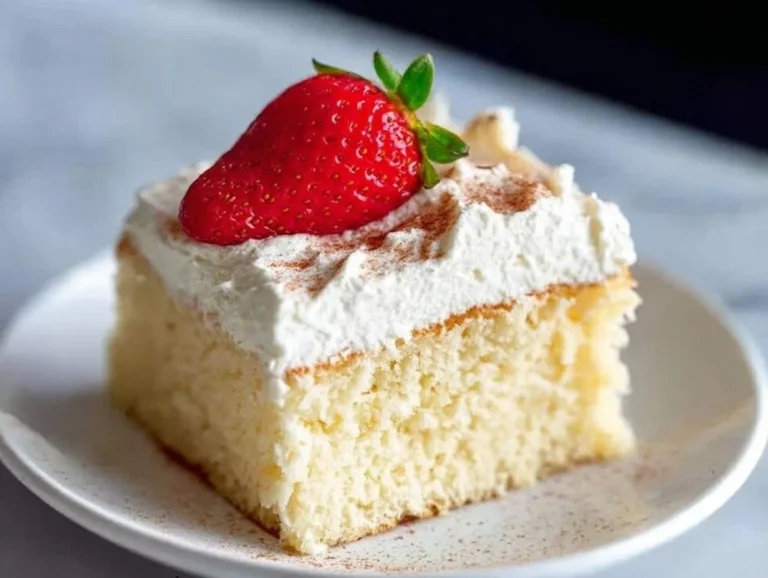 Deliciously moist Three Milks Cake topped with whipped cream and berries.