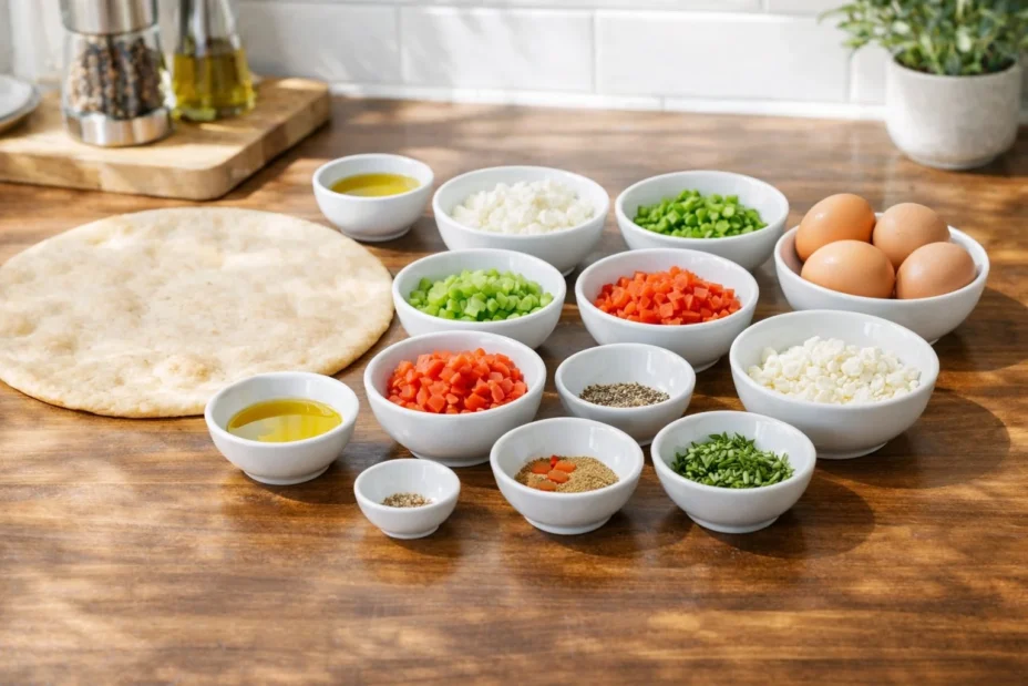 Turkish menemen egg pizza topped with fresh ingredients