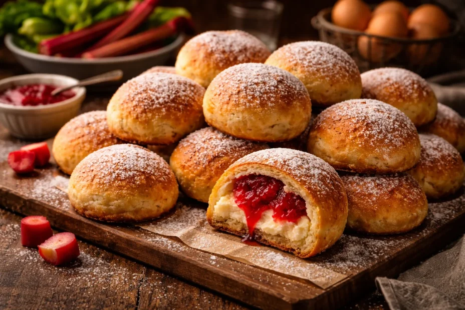 Delicious rhubarb cheesecake bombs topped with sweet-tart rhubarb puree.