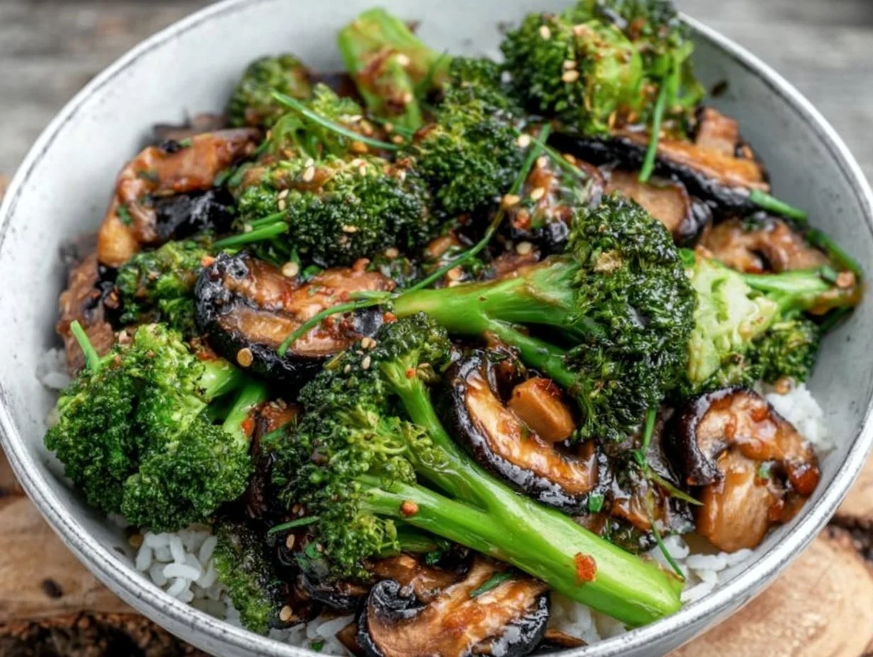 Vegan broccoli and mushroom stir fry served in a bowl garnished with sesame seeds.