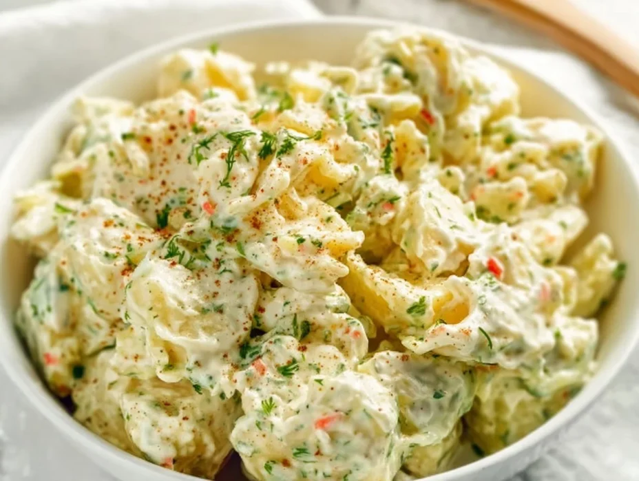 Delicious vegan potato salad with fresh vegetables and herbs in a bowl.