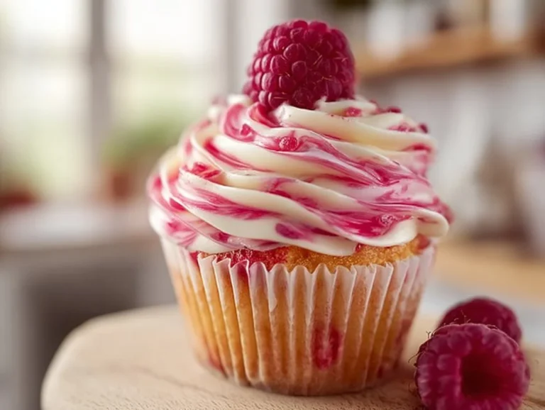 Velvety cupcakes with red and white swirl frosting on a cake stand