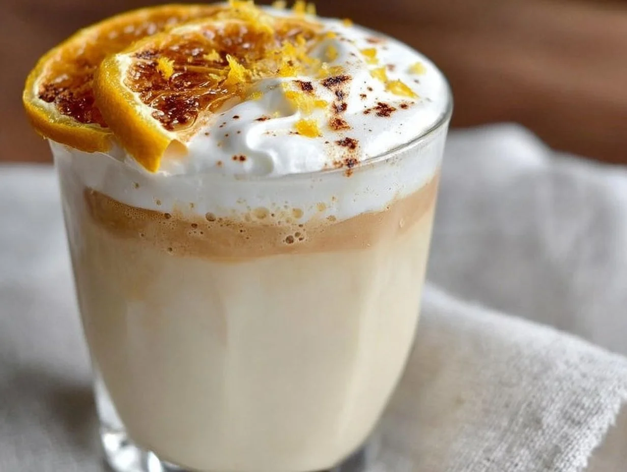 Delicious White Chocolate Orange Almond Latte with whipped cream and orange zest