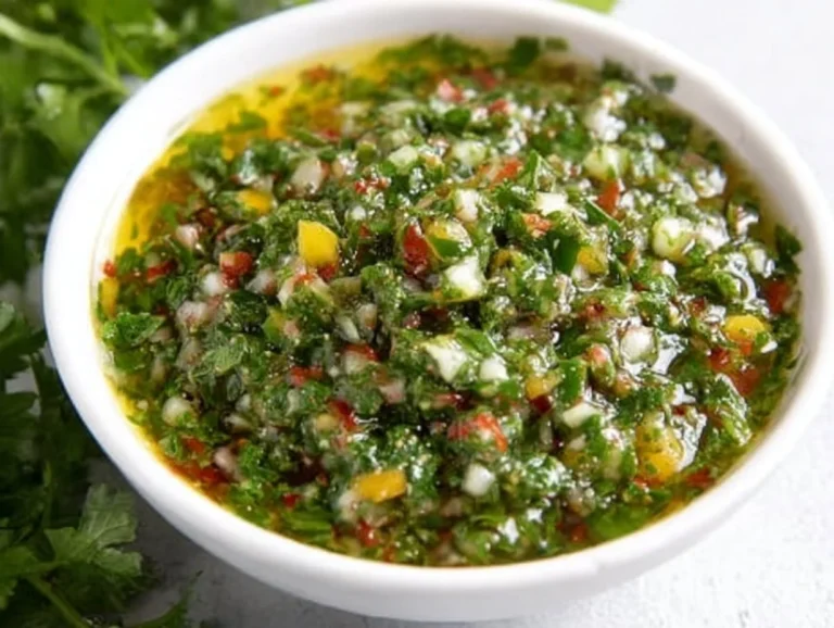 Fresh chimichurri sauce in a small bowl, ready to enhance dishes.