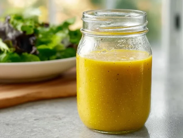 Homemade apple cider vinegar salad dressing in a glass jar with fresh ingredients.
