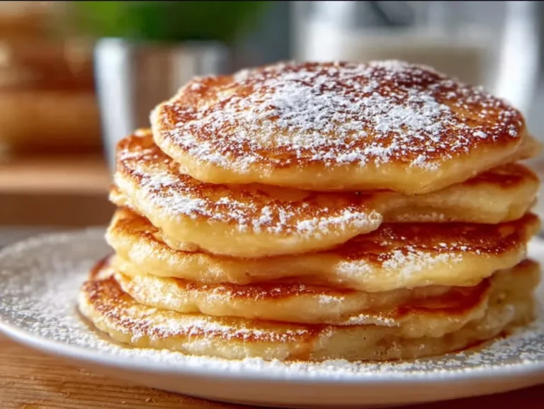 Fluffy Apple Yogurt Pancakes topped with fresh apple slices