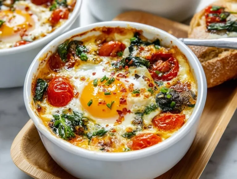 Baked feta eggs with fresh tomatoes and spinach in a skillet