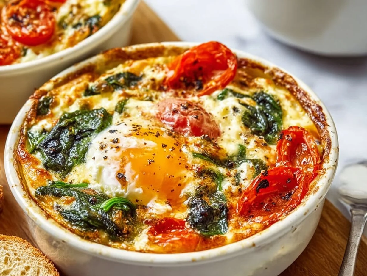 Baked Feta Eggs with Tomatoes and Spinach