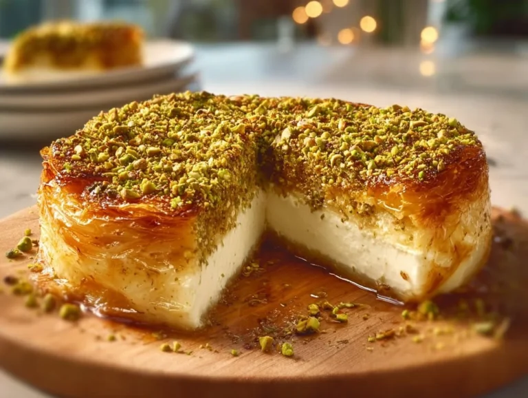 A slice of Baklava Pistachio Cheesecake topped with nuts and honey.