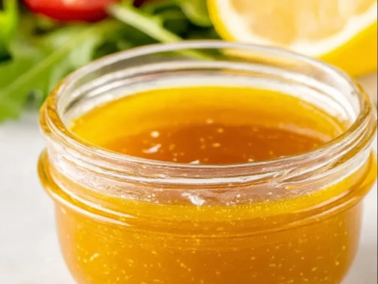 A bowl of homemade vinaigrette dressing with fresh ingredients.