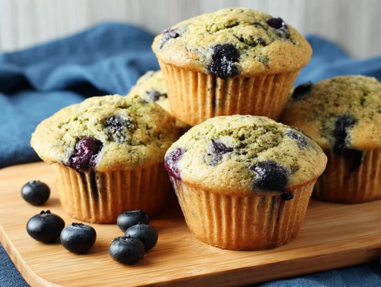 Blueberry matcha muffins fresh out of the oven, topped with blueberries.