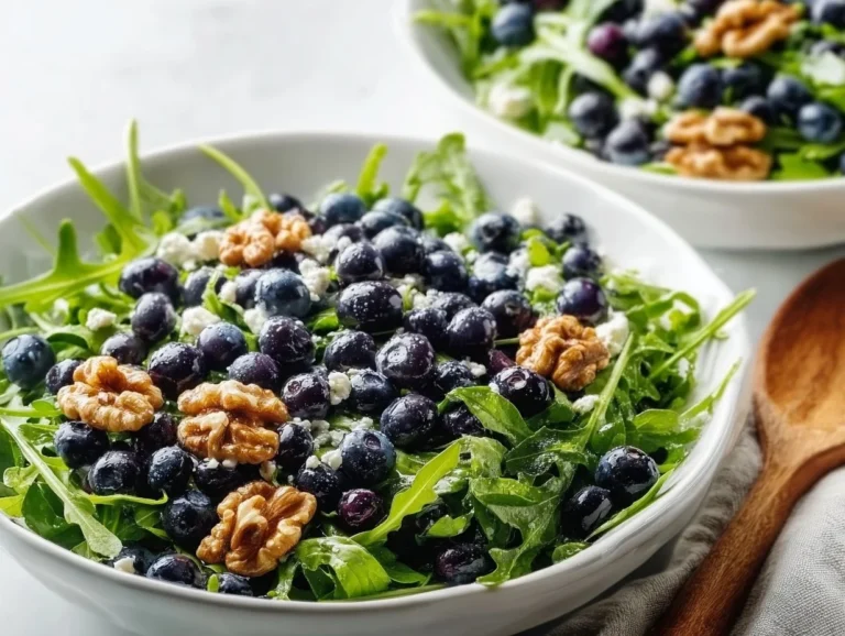 Blueberry Walnut Salad drizzled with Honey Lemon Vinaigrette on a plate