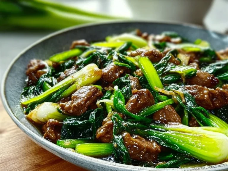 A vibrant plate of Bok Choy Beef Stir-Fry featuring fresh vegetables and tender beef.