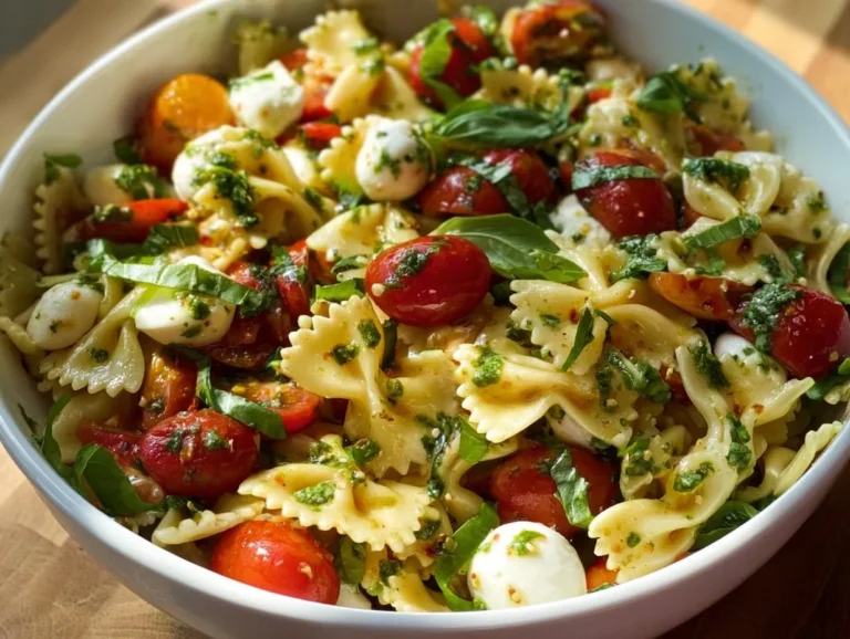 Colorful Bow Tie Pasta Salad with fresh vegetables.