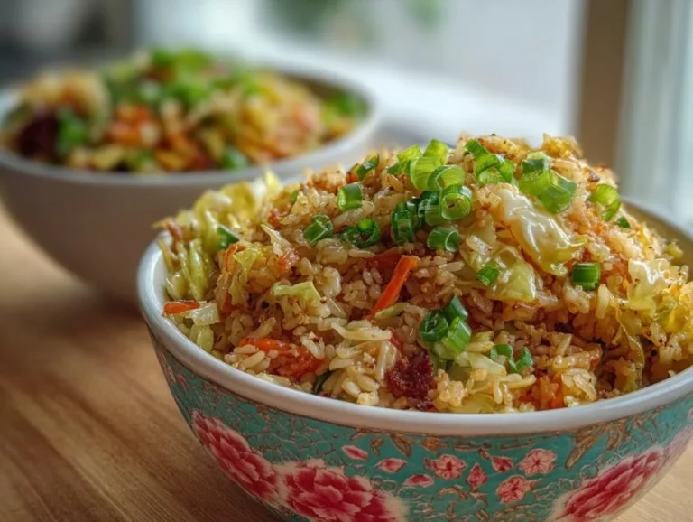 Cabbage fried rice bowl with colorful vegetables and herbs