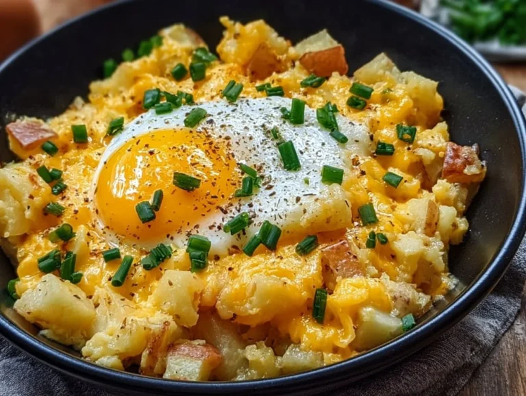 Cheesy potato egg scramble served on a plate with herbs and cheese
