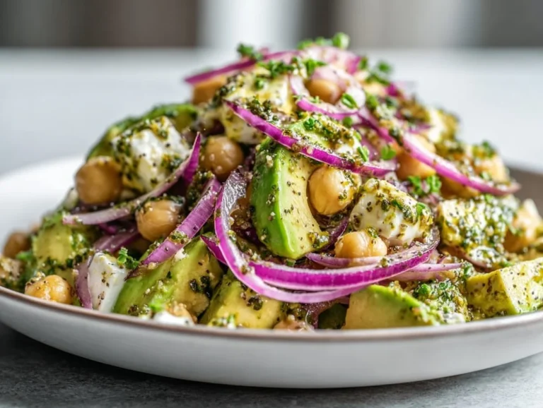 Chickpea Feta Avocado Salad served in a bowl garnished with fresh herbs