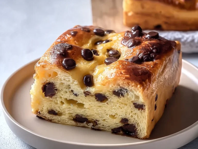 Freshly baked Chocolate Chip Brioche with Vanilla Custard on a plate