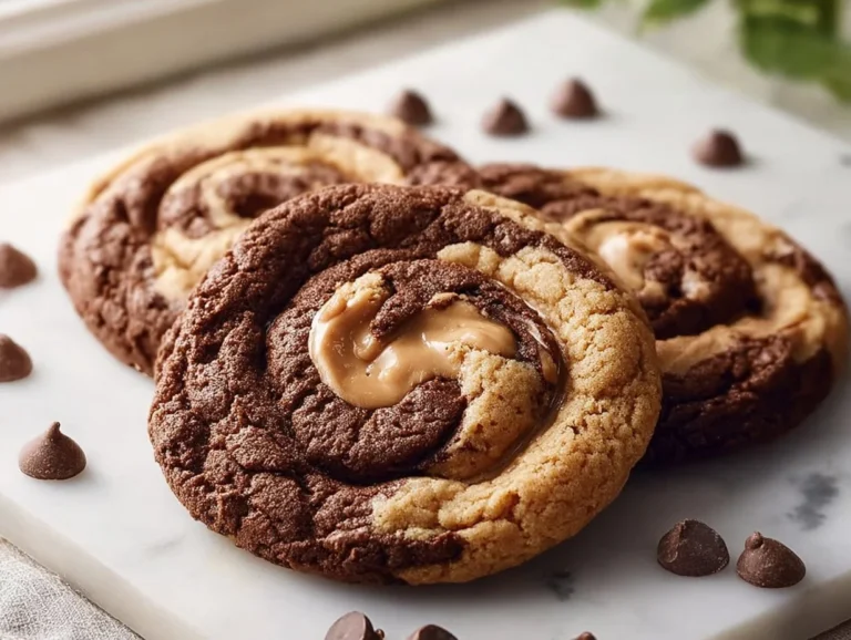 Freshly baked chocolate peanut butter cookies on a cooling rack