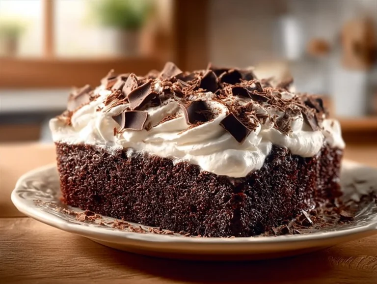 Delicious Chocolate Tres Leches Cake topped with whipped cream and chocolate shavings