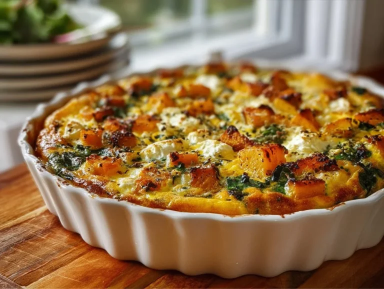 Creamy feta squash frittata served on a plate with fresh herbs.